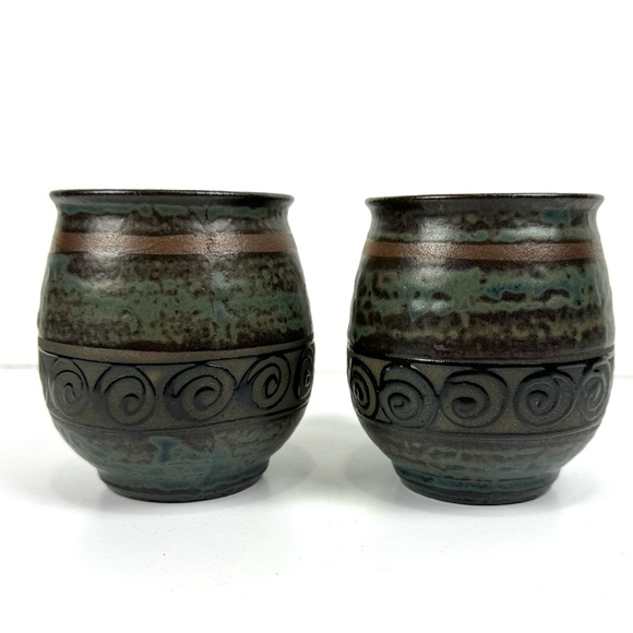 Vintage Japan Potbelly Coffee Mugs Mottled Glaze Stoneware Coffee Cups Set Of 2 - Picture 2 of 6